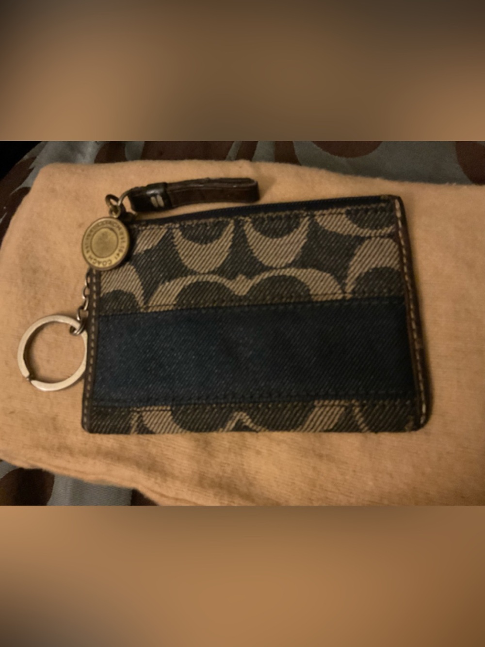 Coach Signature Canvas Keychain Coin Purse Navy & Tan
